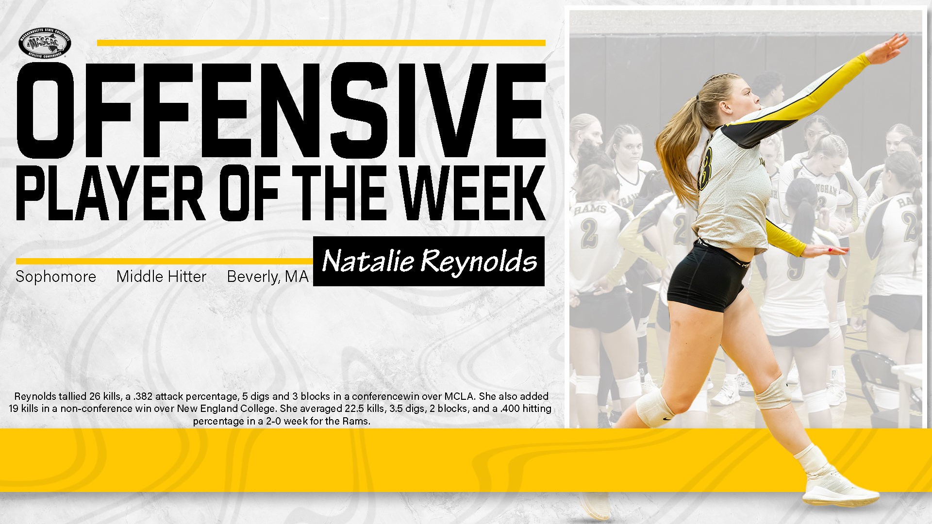 Reynolds Repeats as MASCAC Volleyball Offensive Player of the Week