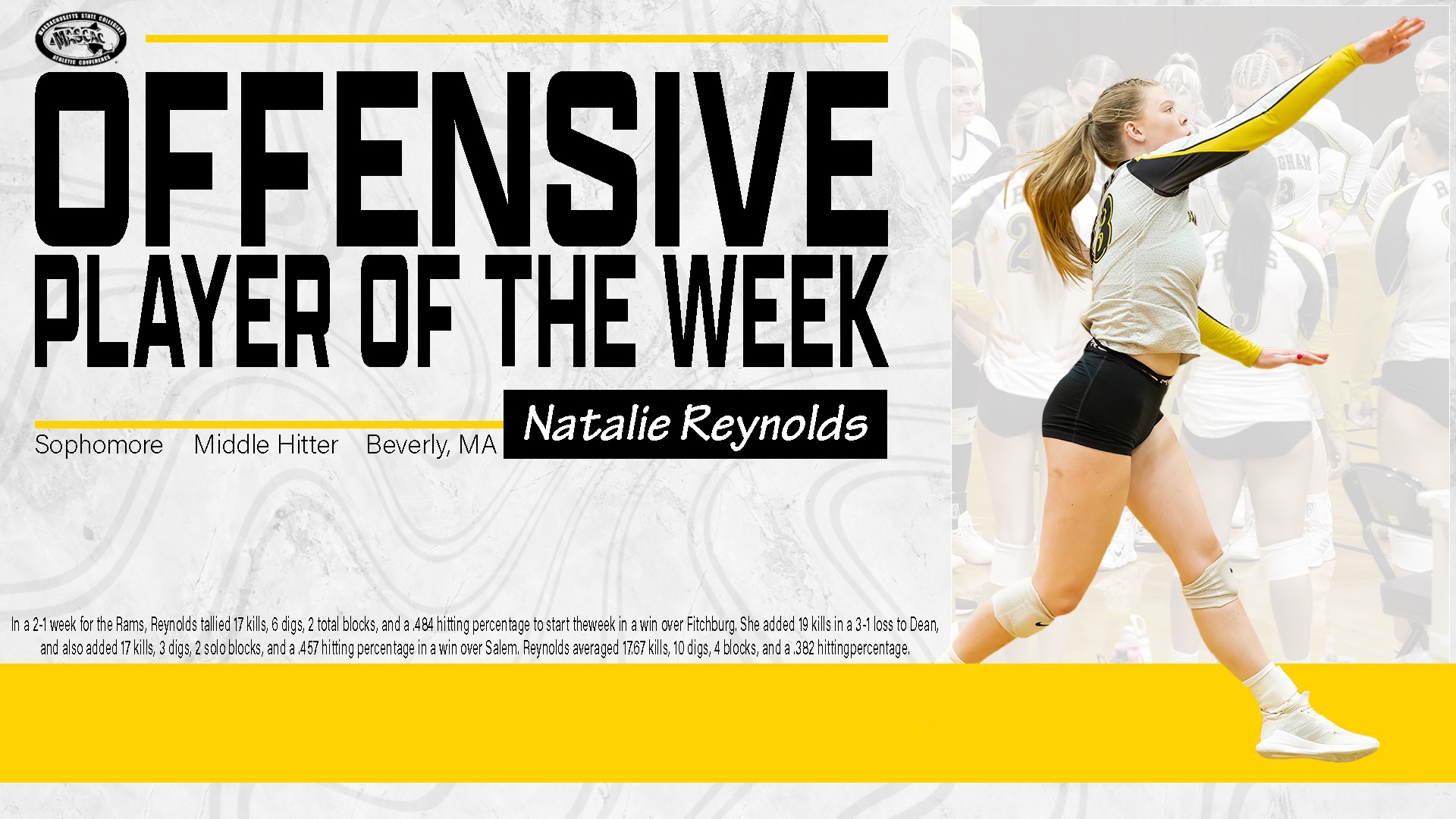 Reynolds Tabbed MASCAC Volleyball Offensive Player of the Week