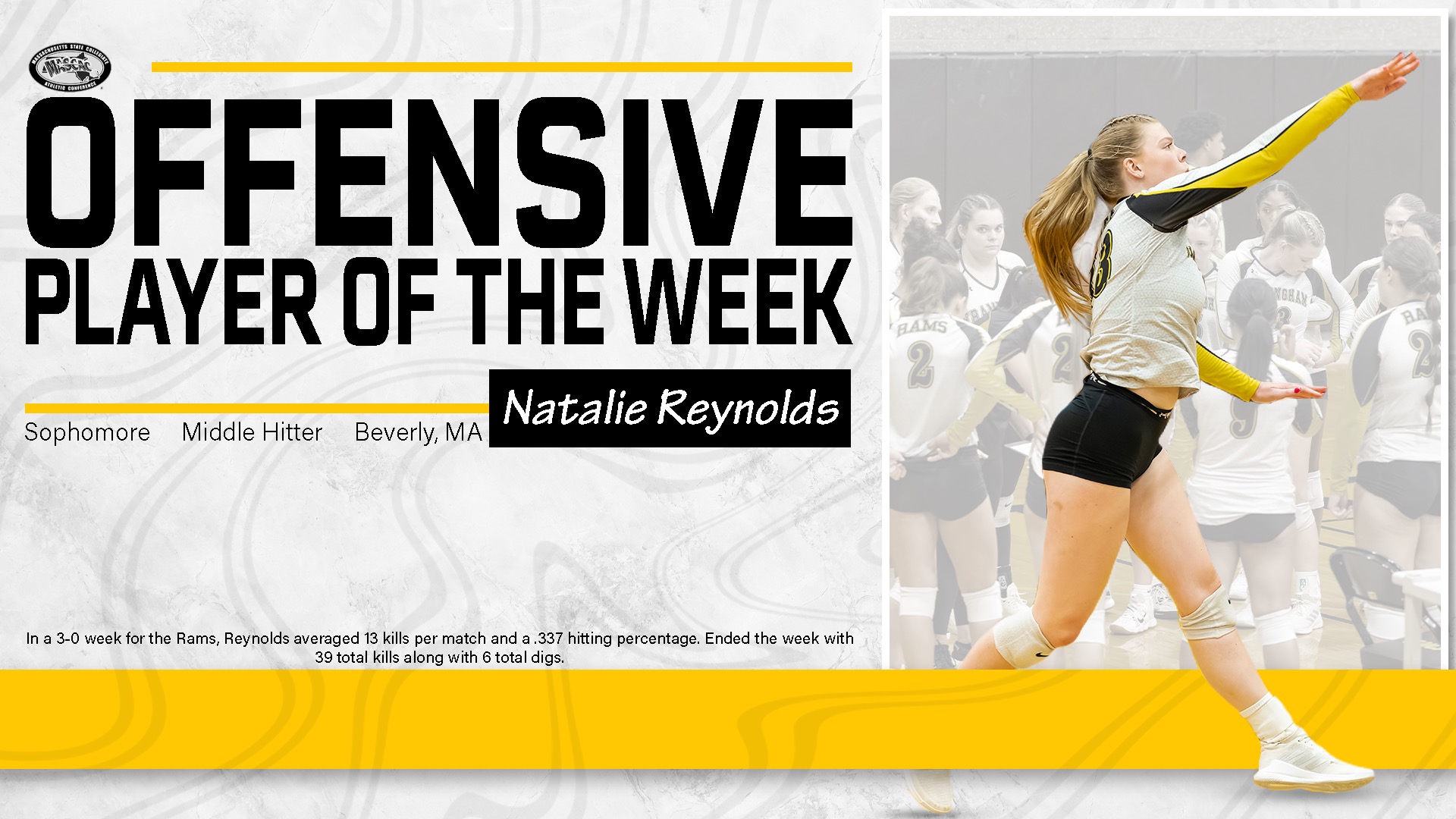Reynolds Selected MASCAC Volleyball Offensive Player of the Week